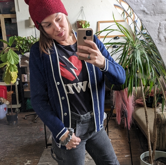 90s Vintage Navy Button Down Cardigan Sweater - Picture 2 of 6